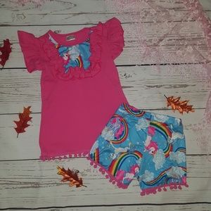 Boutique girls unicorn pom pom ruffle set M NEW